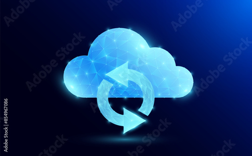 Cloud with arrows rotate circles polygonal futuristic glowing. Storage space symbol and data connection network multiple devices. Smart wireless networking digital technology innovation. Vector EPS10.