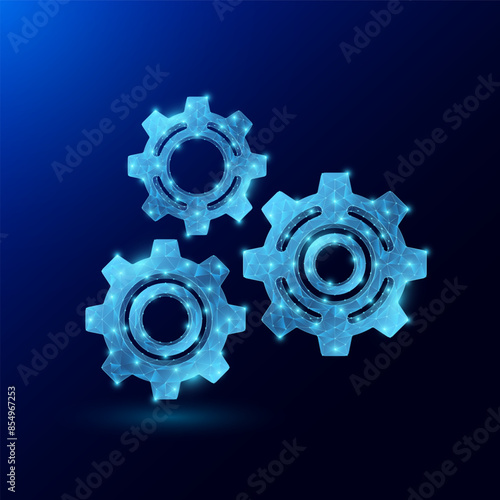 Gears or cogwheels polygonal futuristic glowing. Effective workflow of organization. Teamwork, collaboration. Mechanical technology machine engineering industry symbol. Vector.