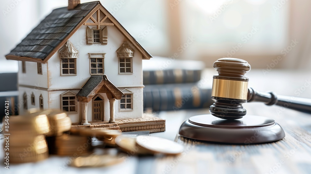 A model house next to a judges gavel and stacks of coins A model house next to a judges gavel and stacks of coins