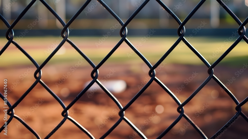 Chain link fence with baseball field in background, grass and trees around Chain link fence with baseball field in background, grass and trees around