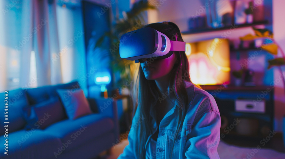 Person using VR headset in neon-lit room Person using VR headset in neon-lit room