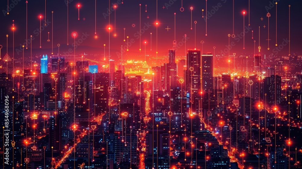 A night view of a city with skyscrapers and lights. A night view of a city with skyscrapers and lights.