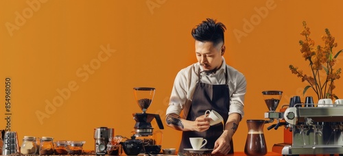 Barista making coffee with coffee making equipment on an orange background photo