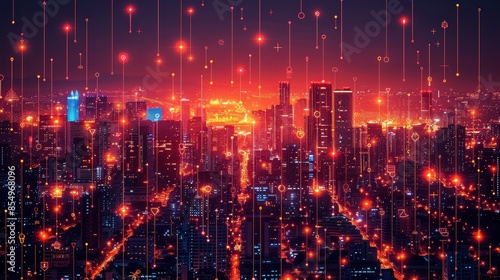 A night view of a city with skyscrapers and lights. © easybanana