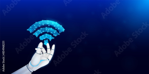Robot hand holding futuristic glowing low polygonal wifi symbol signal. Free internet zone hotspot. Smart wireless networking digital technology innovation. Banner with empty space for text. Vector.