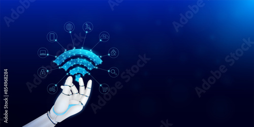 Robot hand holding futuristic glowing Wi Fi symbol signal surrounded by icons. Free internet zone hotspot. Smart wireless networking digital technology innovation. With empty space for text. Vector.