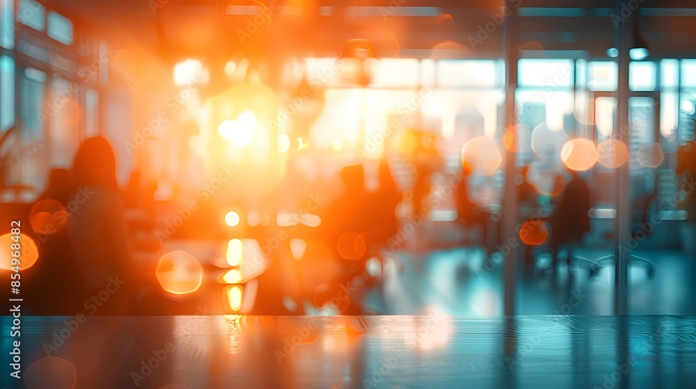 Fototapeta premium Blurred background of business people in an office meeting room with a bokeh effect and sunlight, creating an abstract or blurry stock photo template for various commercial uses.