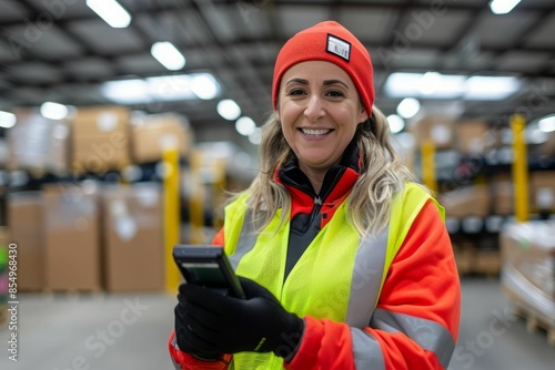 Happy female worker in warehouse.