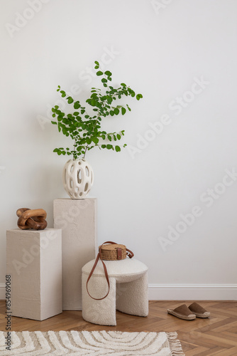 Minimalist compositions on the cubes with flowers, decorations, carpet and personal accessories. Home deor. Template. Copy space. photo