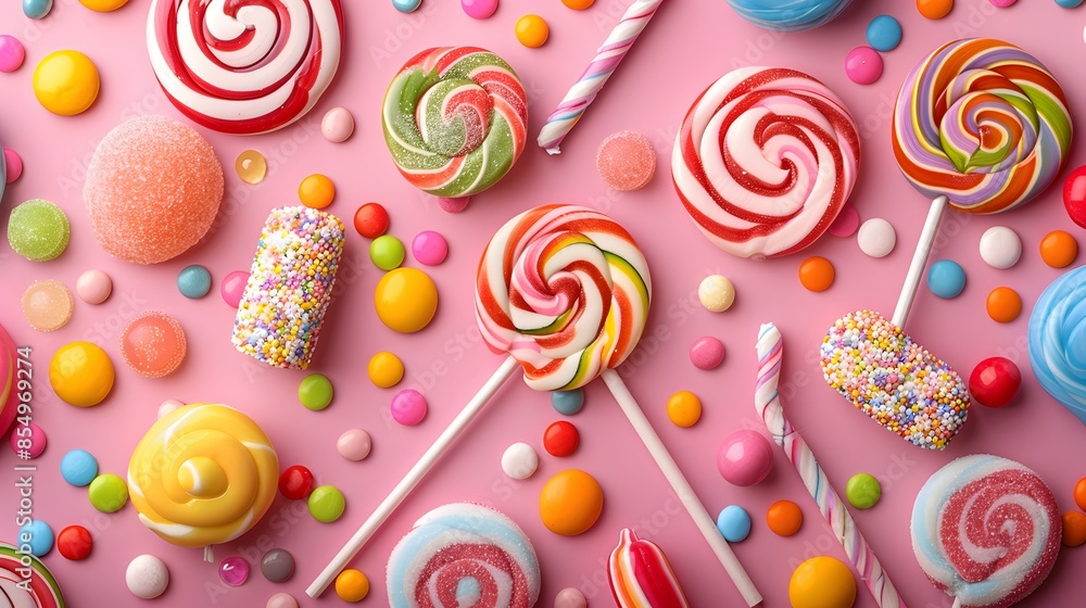 Colorful candy and lollipops on a pink background, shown from above. A bright pattern with sweet confectionery for a children's birthday party or celebration. Colorful candy and lollipops on a pink background, shown from above. A bright pattern with sweet confectionery for a children's birthday party or celebration.