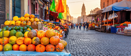 A street market with a large pile of oranges and pumpkins