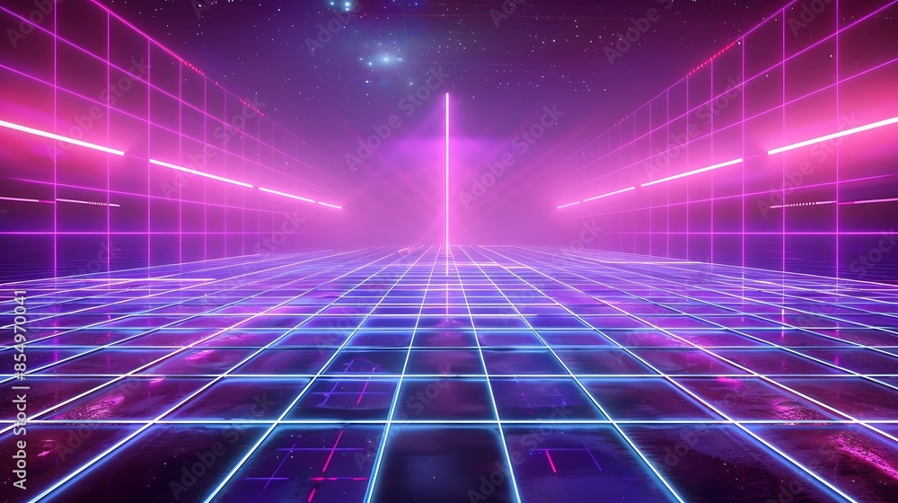 Fototapeta premium futuristic, abstract, illustration, design, laser, night, technology, blue, bright, vector, background, galaxy, glowing, poster, template, sky, nostalgia, purple, light, striped, geometric, 1980, retr