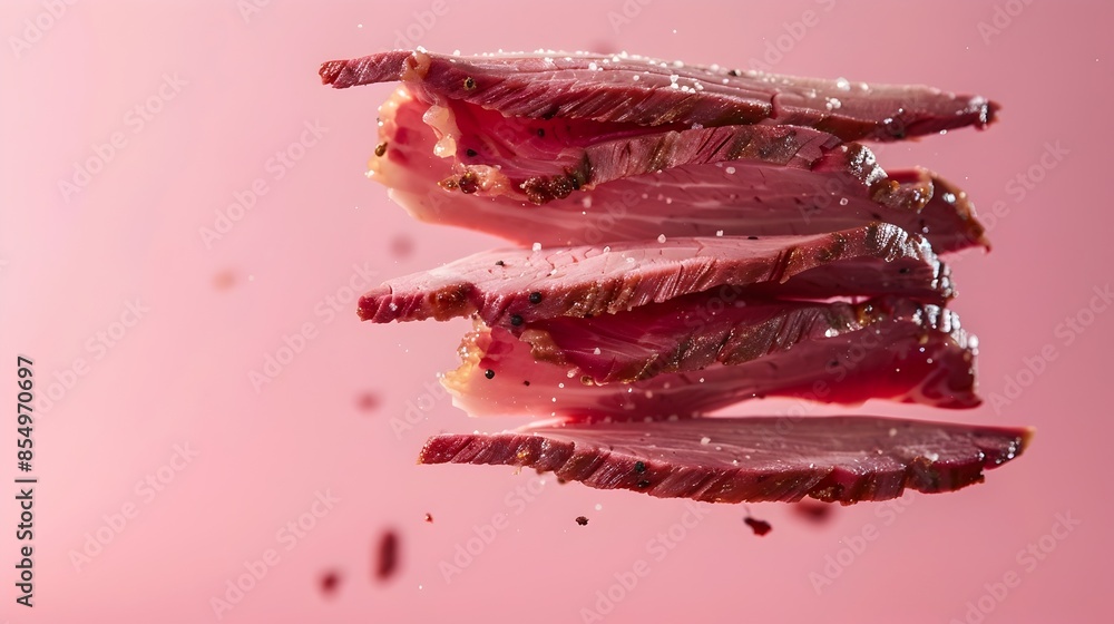 Fototapeta premium Perfectly Seared Sliced Beef Steak on Fiery Red Background