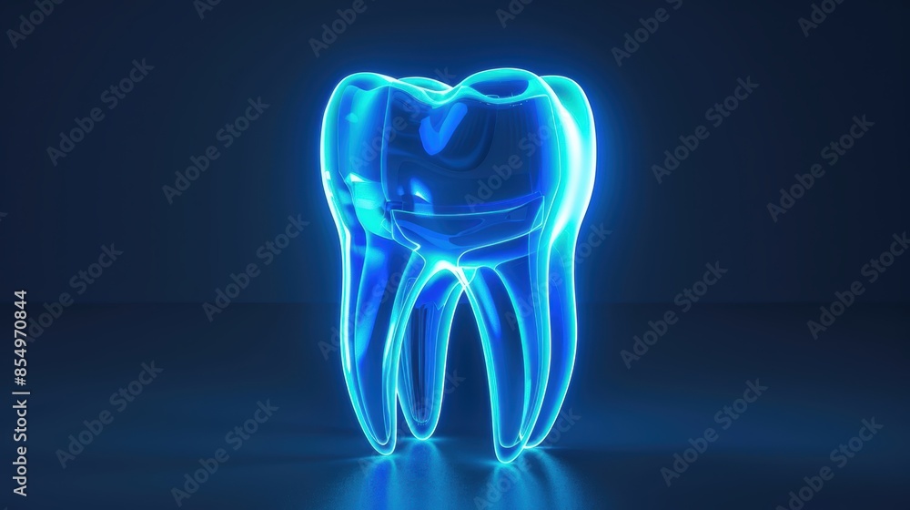 a 3D illustration of a tooth. The tooth is made of a blue, transparent material and is lit from within. The tooth is surrounded by a dark blue background. a 3D illustration of a tooth. The tooth is made of a blue, transparent material and is lit from within. The tooth is surrounded by a dark blue background.