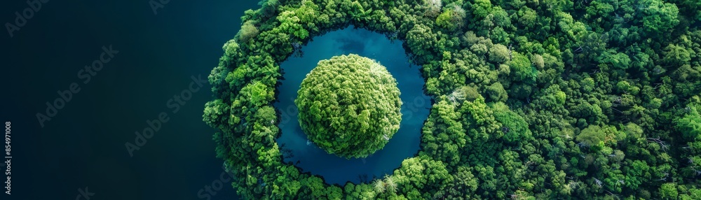 Stunning aerial view of a circular island encircled by dense green forest and calm blue water, showcasing the beauty of nature. Stunning aerial view of a circular island encircled by dense green forest and calm blue water, showcasing the beauty of nature.