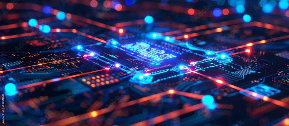 Close-up of a futuristic circuit board with glowing blue and red lights, symbolizing advanced technology and digital innovation. Close-up of a futuristic circuit board with glowing blue and red lights, symbolizing advanced technology and digital innovation.