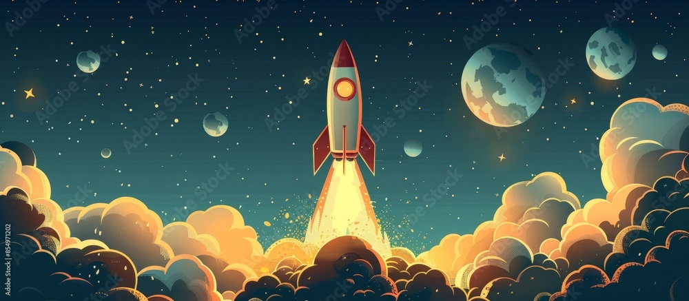 A vibrant illustration of a retro rocket blasting off into space ...