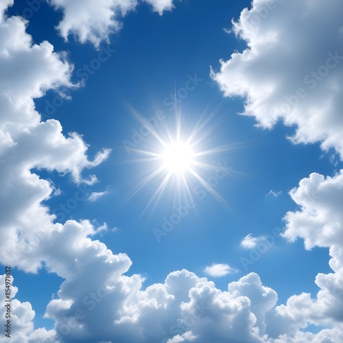 Bright sun shining through fluffy white clouds in a clear blue sky