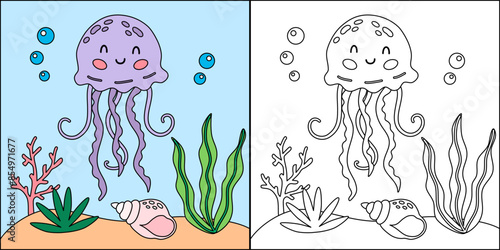 Cute cartoon jellyfish character. Undersea, marine life illustration. Sea animals coloring pages isolated on white background.