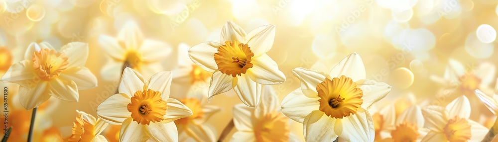 Fototapeta premium Daffodil backdrop clipart with daffodils scattered across a background