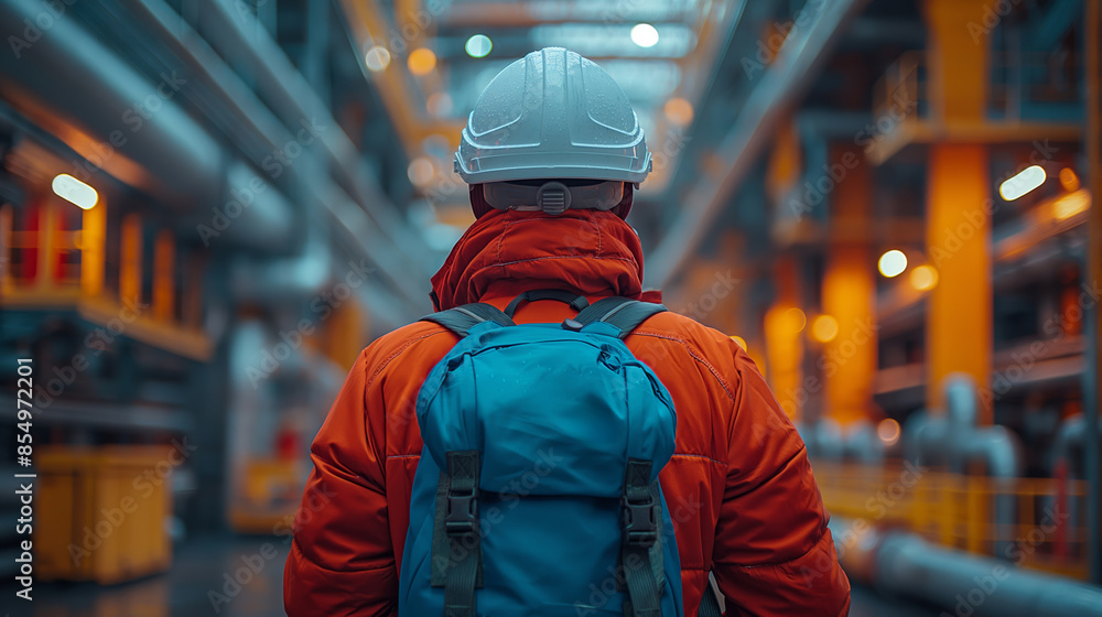 A man wearing a white helmet and a blue backpack is standing in a large, empty room. a flaw detector in a bright blue jacket and a white helmet stands with his back to full height A man wearing a white helmet and a blue backpack is standing in a large, empty room. a flaw detector in a bright blue jacket and a white helmet stands with his back to full height