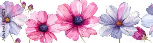 Beautiful watercolor illustration of pink and purple flowers with green stems on a white background, perfect for spring and floral designs.