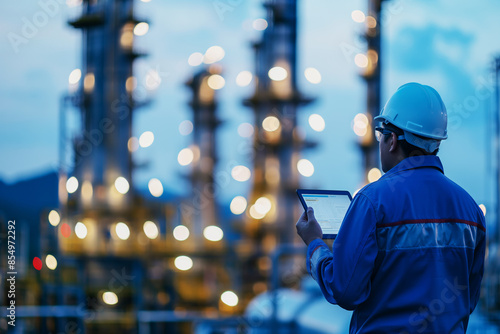 men in blue work clothes are standing on a platform at a refinery. One of them is holding a tablet. Engineers in uniform walk and holding tablet checking in oil refinery field in morning photo