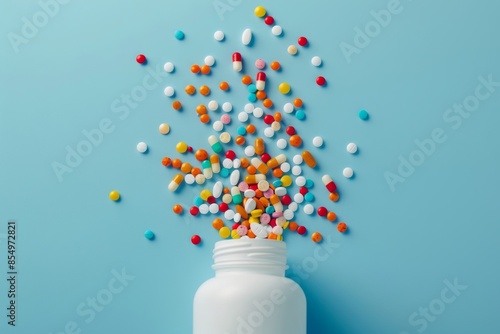 Colorful pills and tablets spilling out of a white bottle against a blue background. Concept of healthcare, medication, and pharmaceuticals. photo