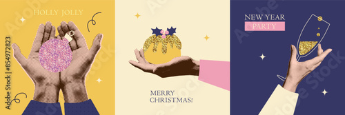 Vintage halftone collage Happy New Year and Merry Christmas card set. Glitter elements with trendy halftone hands. Vector illustration.