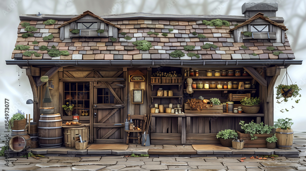 A rustic, cozy market shop with wooden barrels, herbs, jars of preserves, and plants under a tiled roof. A rustic, cozy market shop with wooden barrels, herbs, jars of preserves, and plants under a tiled roof.