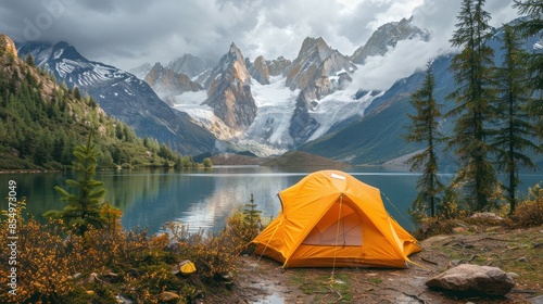 A tent is set up in front of a lake with mountains in the background. The scene is peaceful and serene, with the tent providing a cozy shelter for someone to rest