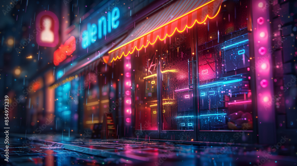 Neon-lit storefront in the rain, with vibrant reflections on the wet pavement and a cozy urban atmosphere. Neon-lit storefront in the rain, with vibrant reflections on the wet pavement and a cozy urban atmosphere.