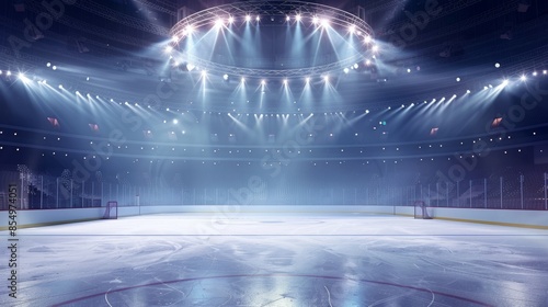 Hockey arena with spotlight and fans, ice hockey sport background.