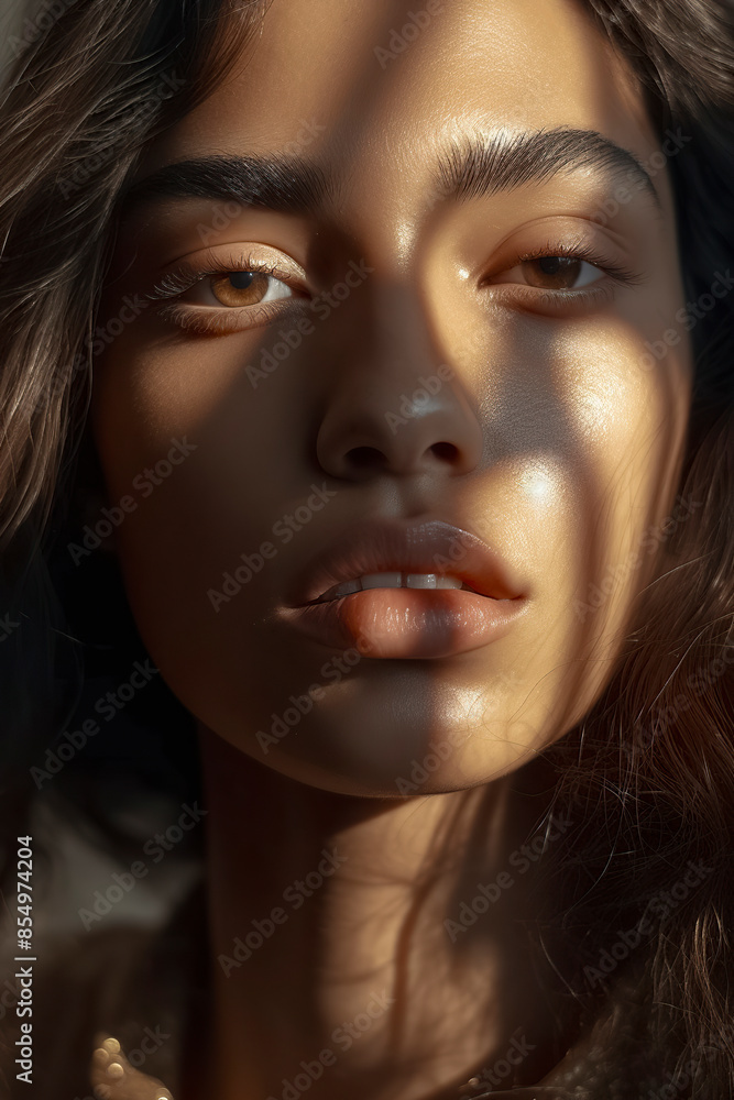 Close up portrait of woman with sunlight and shadows on her face. Artistic photography. Beauty and natural light concept Close up portrait of woman with sunlight and shadows on her face. Artistic photography. Beauty and natural light concept