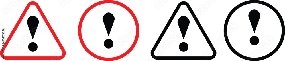 Warning, precaution, attention, alert icon, set exclamation mark in triangle and circle shape - stock vector Warning, precaution, attention, alert icon, set exclamation mark in triangle and circle shape - stock vector