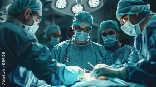 Surgical team performing an operation in an operating room. photo