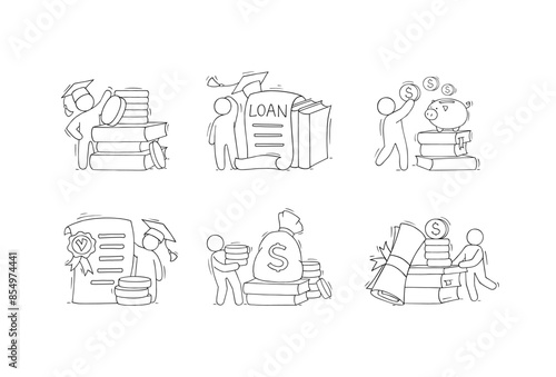 Scholarship concepts set with student, education certificate and money. Vector sketch illustration of tuition grant, study cost in college or university. Doodle man in graduation cap with diploma and 