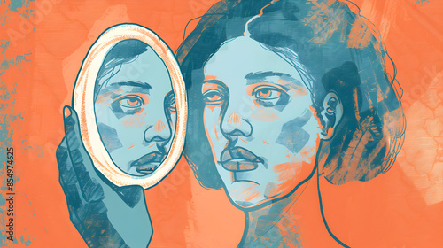 An illustration of a person holding a mirror reflecting their inner and outer selves, illustration.


