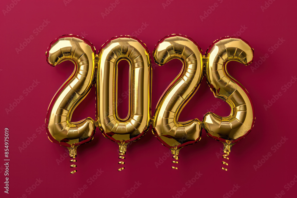 A close-up image of gold balloon numbers spelling out 2025 against a red background A close-up image of gold balloon numbers spelling out 2025 against a red background