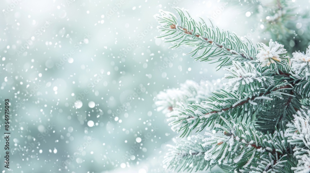 Evergreen tree branches covered in fluffy winter snow with room for text Evergreen tree branches covered in fluffy winter snow with room for text