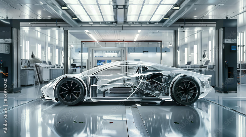 Obraz premium A supercar with transparent body panels, showcasing its inner workings, parked in a sleek, high-tech lab