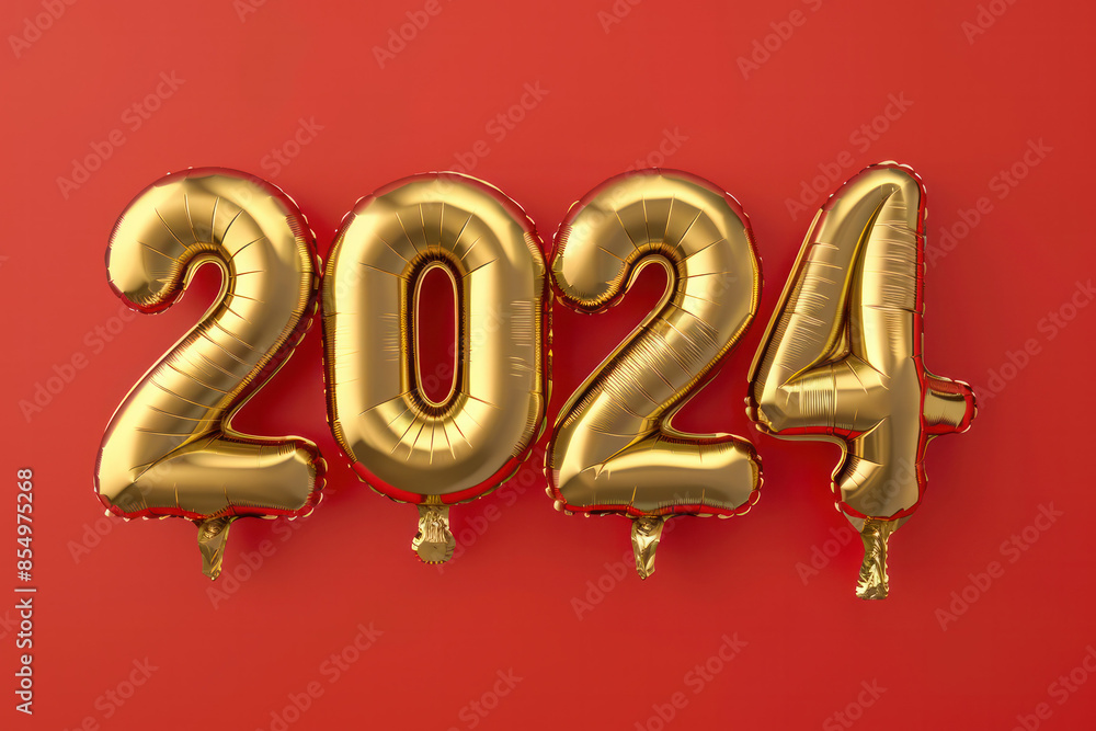 Gold foil balloons spelling out 2024 against a red background Gold foil balloons spelling out 2024 against a red background