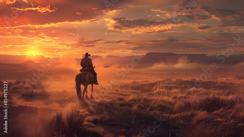 A rugged cowboy riding a wild mustang across a vast, open prairie at sunset