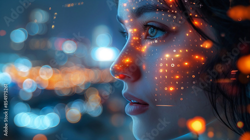 Closeup of a Woman's Face with Glowing Digital Data Particles Symbolizing AI Integration in Human Life Against a Blurred Night Cityscape