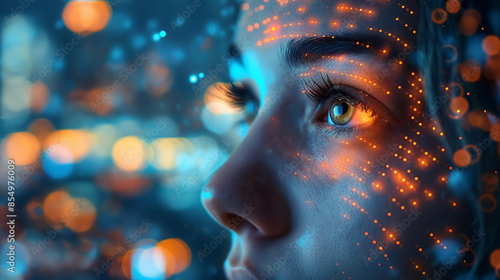 Closeup of a Woman's Face with Glowing Digital Data Particles Symbolizing AI Integration in Human Life Against a Blurred Night Cityscape Closeup of a Woman's Face with Glowing Digital Data Particles Symbolizing AI Integration in Human Life Against a Blurred Night Cityscape