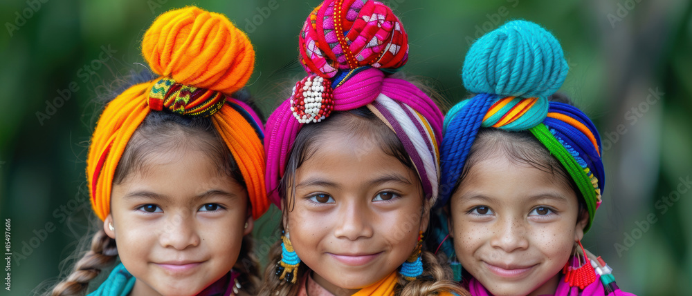 Three young girls wearing colorful turbans Three young girls wearing colorful turbans