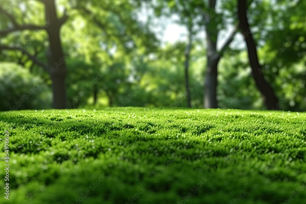 Calm and quiet forest during the daytime with bright green vegetation and trees in the background, in the clumps of sunlight. Concept: recreation, nature, park, landscape Calm and quiet forest during the daytime with bright green vegetation and trees in the background, in the clumps of sunlight. Concept: recreation, nature, park, landscape
