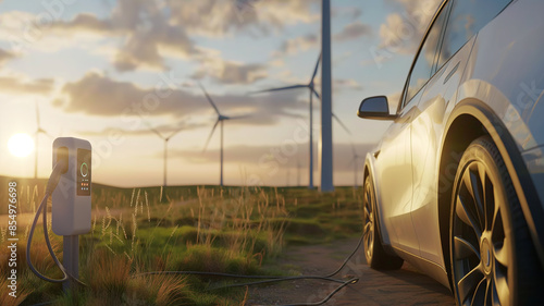 Charging an electric car on rural field at roadside. Bokeh on the background. photo