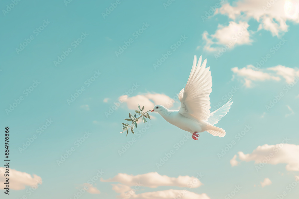 Fototapeta premium Dove with olive branch in its beak. Peace Day