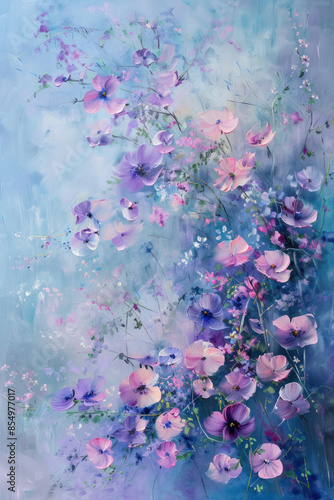 A beautiful watercolor painting of purple and pink flowers blooming in a garden
